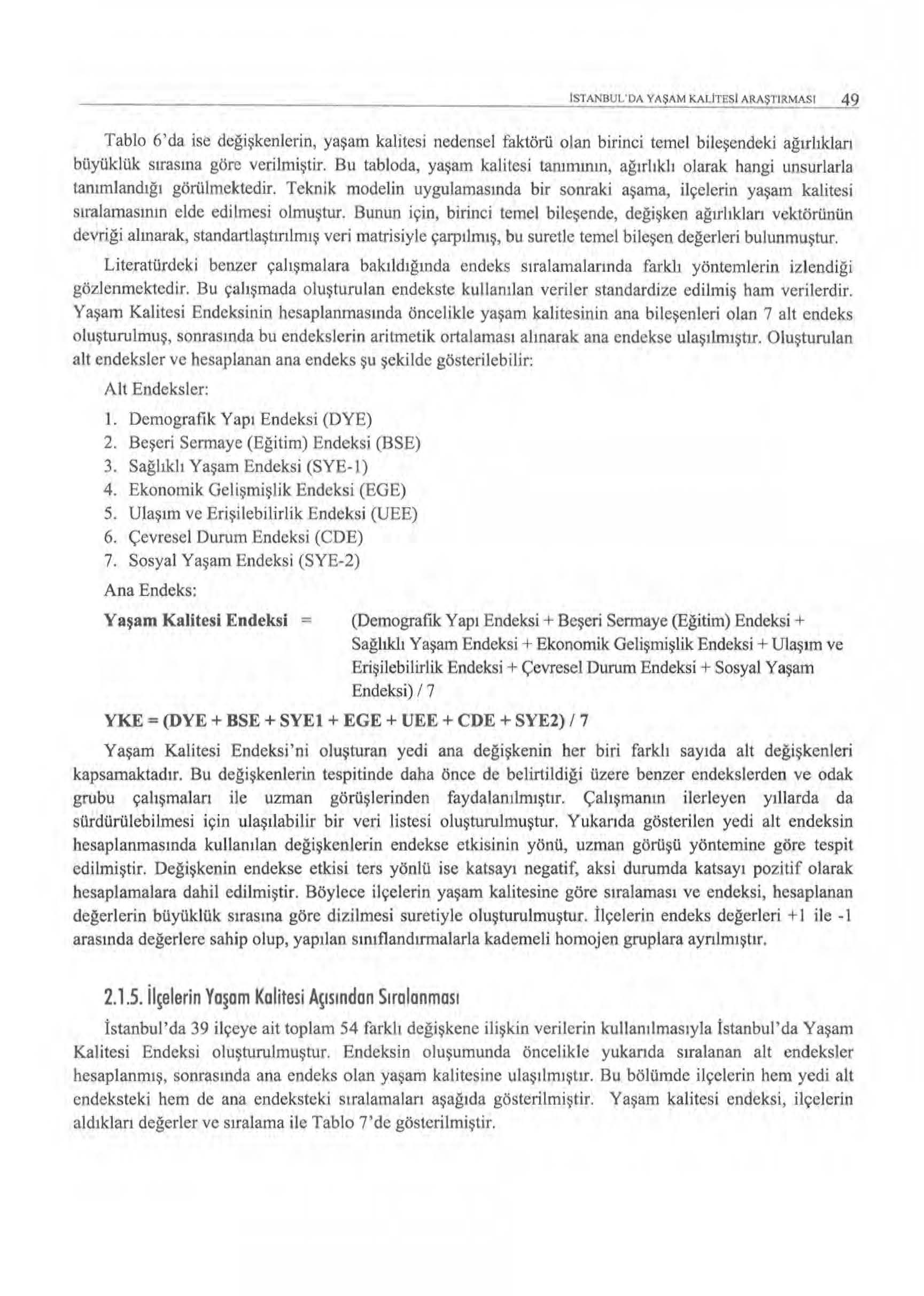 ----------------------- ~~n~a~m~u~~m~~m~~~aaa~ I R~SI ~ Tablo 6'da ise dcğişkenlerio, yaşam kalitesi nedensel faktörü olan birinci temel bileşendeki ağırlıklan büyüklük sırasına göre verilmiştir.