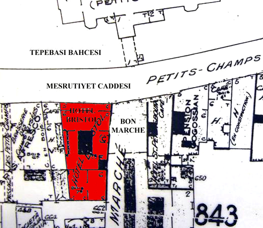 M.E. Çelebi Sigma 3; 300-307, 2011 binasının içinde çözülmeye çalışılmıştır. Dış mekâna açılım olarak sadece bazı otellerin küçük bir bahçe ya da terası vardır. Resim 3.1. Büyük Londra Oteli nin Genel Yerleşim Planı [5] Resim 3.