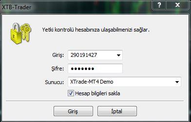 seçeneğindeki oku tıklayarak XTrade-MT4Demo yu