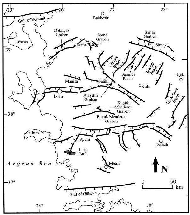 Şekil 4. Batı Anadolu grabenlerinin basitleştirilmiş haritası (Bozkurt, 2001). Araştırma alanı doğusunda Gediz grabeni D-B genel uzanımında yaklaşık 150 km uzunluğundadır.
