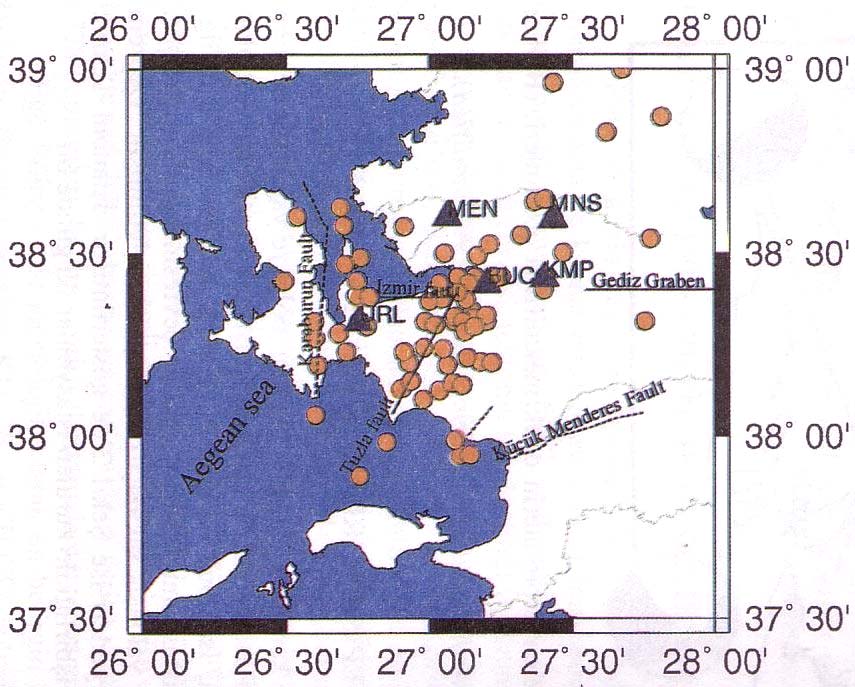 Şekil 10. İzmir yakın çevresinin 20 Temmuz-2 Eylül 1997 tarihleri arası mikrosismisite etkinliği (Akıncı ve diğerleri, 2000).