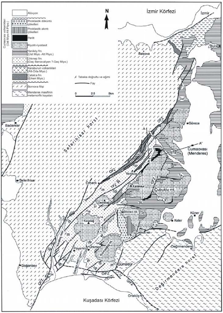 Şekil 12. Doğanbey-İzmir arasının jeoloji haritası (Genç ve diğerleri, 2001). Bu raporda Orhanlı fay zonu (OFZ) Tuzla fayı, Ortaköy fay zonu (OrFZ) ise Gümüldür fayı olarak adlanmıştır.