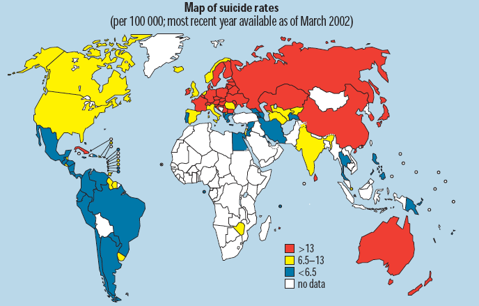 Dünyada İntihar Oranları Haritası (Her 100.000 Kişide) Yukarıdaki haritada, dünyada intihar sayıları her 100.000 kişi için gösterilmektedir. Buna göre, kırmızı ile işaretlenmiş ülkelerde her 100.