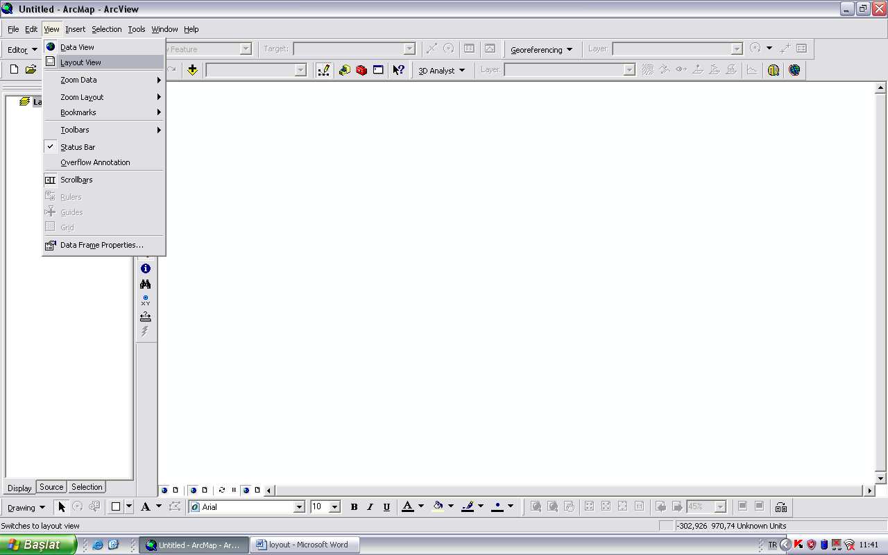 ArcGIS DE LAYOUT ĐŞLEMLERĐ ArcGIS de harita sayısallaştırma ve diğer işlemler kadar layout işlemleri de oldukça önemlidir.