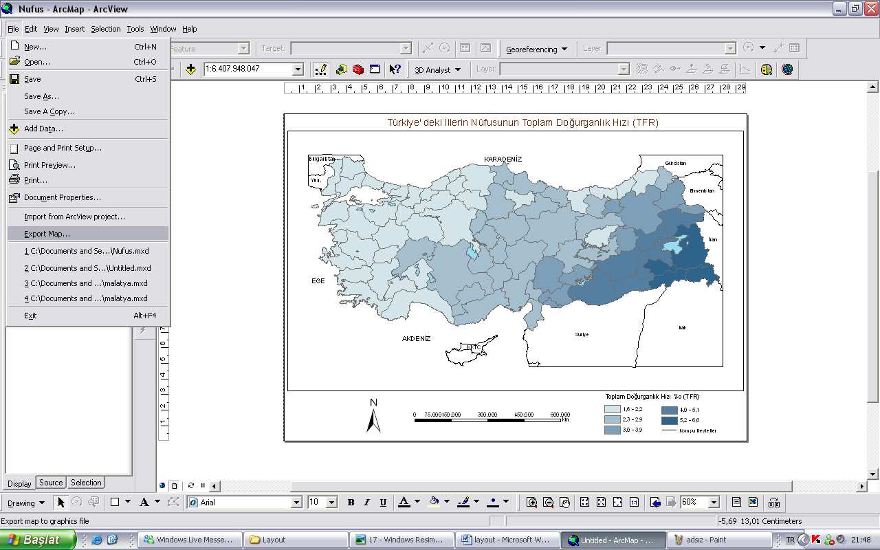 En son yapılacak işlem ise haritanın fotoğraf olarak kaydedilmesidir. Bu işlem File den Export Map a tıklanır.