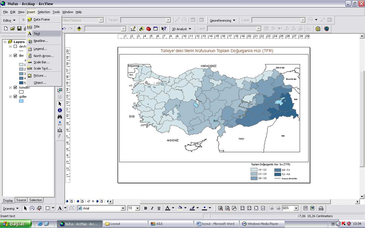 Foto 5: Layout un seçilmesi. Başlık, Lejant, Ölçek ve Yön Oku Bu işlemler yapıldıktan sonra haritanın başlığını koymak için Inser den text seçeneği seçilir.