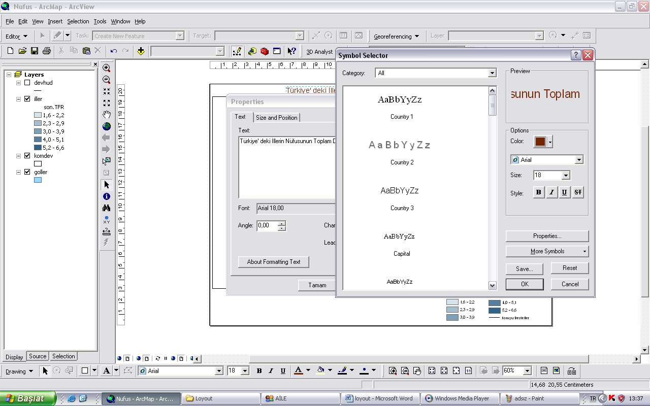 Foto 7: Text düzenlenmesi. Haritanın başlık işlemleri yapıldıktan sonra haritanın en önemli unsurlarından biri olan, haritanın dili de denebilecek lejant işlemleri yapılabilir.
