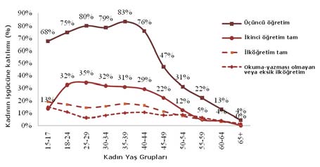 6 Türkiye de Kadınların İşgücüne Katılımında Son Dönemde Gözlenen Eğilimler önce de belirttiğimiz gibi düşüktür, fakat bu kadınlar aslında ileri yaşlara kadar işgücü piyasasında kalırlar.