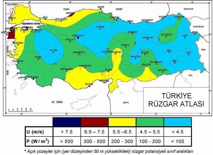 yıllık ortalama rüzgar hızları Türkiye nin batı kıyıları boyunca, Marmara Denizi çevresinde ve Antakya yakınında küçük bir bölgede meydana gelmektedir.