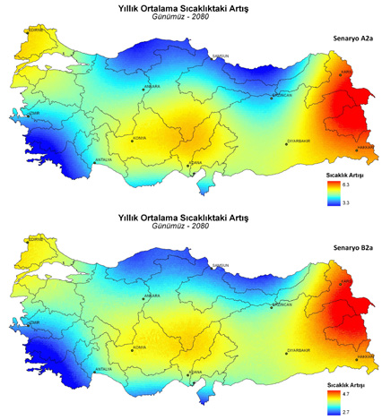 Şekil 9: İklim değişikliği sürecinde Türkiye de beklenen sıcaklık artışları (Doğa Koruma Merkezi 4 ) 22 4_ 2080 öngörüleri için