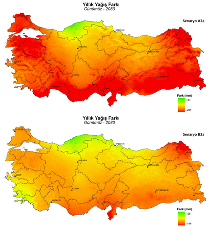 Şekil 10: İklim değişikliği sürecinde Türkiye de yıllık yağışlarda beklenen değişimler (Doğa Koruma Merkezi 5 ) 2.