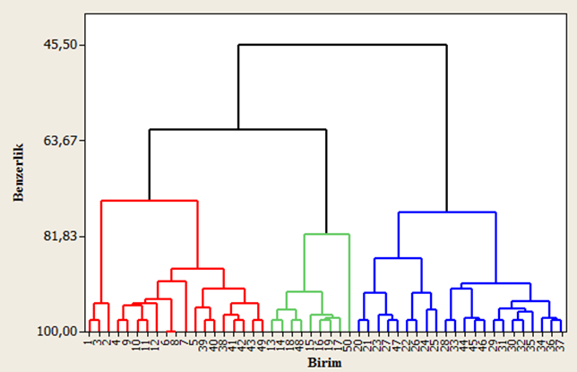 Şekil 2. Kümeleme aalizi souçları içi dedogram gösterimi Şekil 2 de yer ala dedograma göre bezerlik oraı 0.75 içi üç grup oluşmuştur.