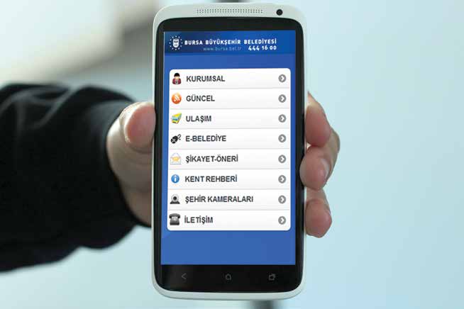 Mobil Uygulamalar Büyükşehir Belediyesi Bilgi İşlem Dairesi bünyesinde hayata geçirilen uygulama ile android ya da IOS işletim sistemine sahip tablet ve akıllı telefonlardan şehrin canlı