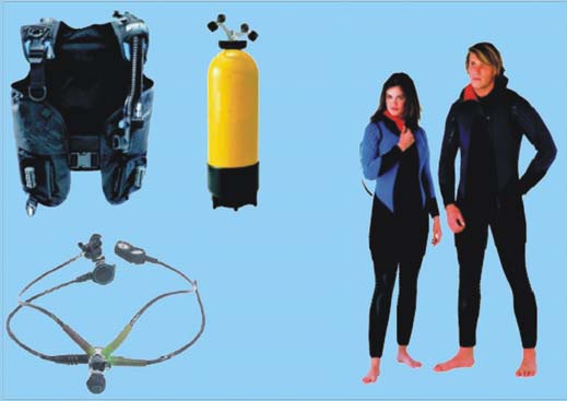 Eğitim süresince kullanılacak ekipmanlar; denge yeleği (sol üst köşe), dalış tüpü (üst orta), dalış elbisesi (sağ taraf), regülatör (sol alt