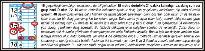 TEK DALIŞ HESAPLAMASI: Dalış tablosunun ön yüzü ile arka tarafının üst kısmında yer alan bölümler ile tek dalış süresi hesaplanabilir, ayrıca dalış sonrası grup harfi de bulunabilir.