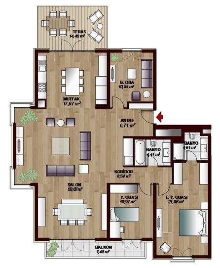 3F Bahçe 3+1 DAİRE DAİRE NET