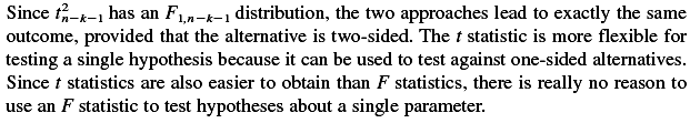 F ve t istatistiği arasındaki ilişki Tek bir bağımsız değişkene F