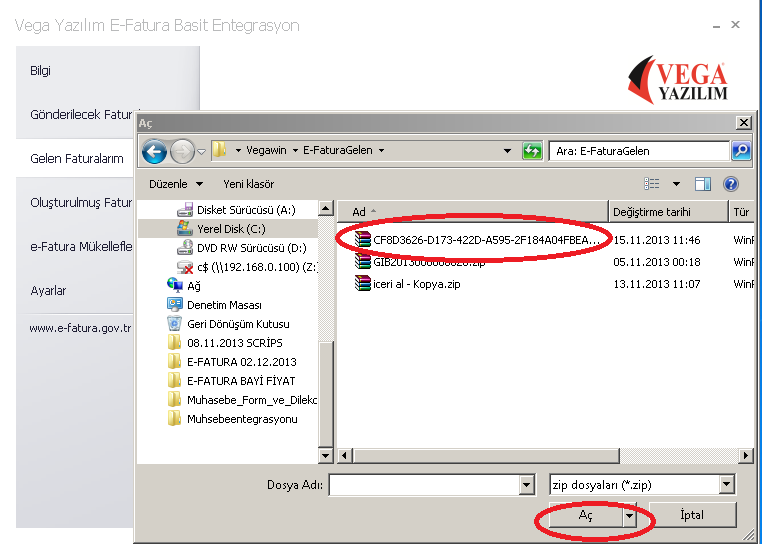 5.Adım: Vega E-Fatura Basit Entegrasyon Gelen Faturalarım penceresine zipli