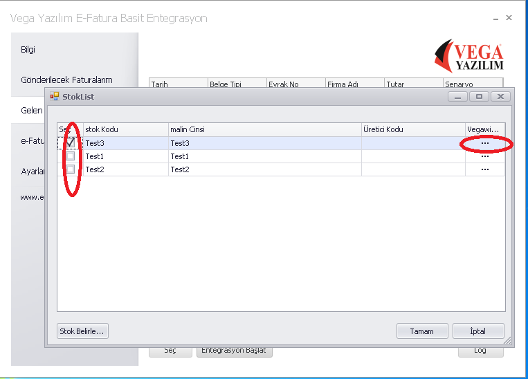 8.Adım: Buradan sizde karşılığı olmayan stokları bire bir eşleştirmek için seçim alanından işaretledikten sonra, Vegawin Stok Karşılığı alanındaki ( ) ya