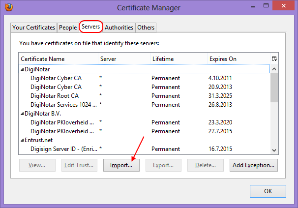 FortiGate sertifikasını yüklemek için Servers bölümüne giriniz.