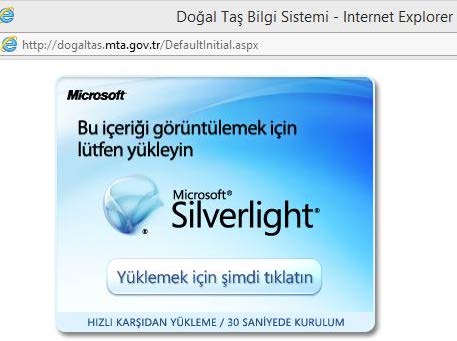 Şekil -3 Tarayıcıda görünen Silverlight uyarısı Sistemin kullanıcıları amaçlarına göre; belirli bir zaman diliminde Misafir ve Uygulayıcı olmak üzere 2 kullanıcı türüne ayrılmıştır.