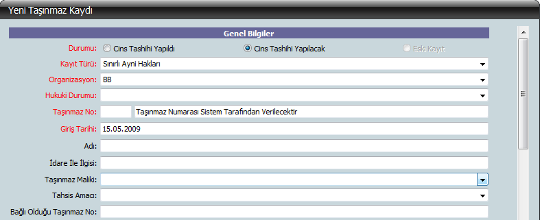 EDİNME BİLGİLERİ ALANI Bu bölümde Edinme Şekli, Edinme Tarihi, Edinme Süresi ve Kirası yer almaktadır.