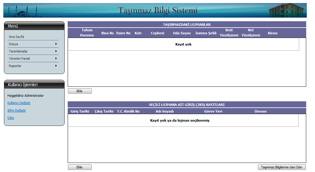 Açılan bu sayfada kaydı yapılmış olan taşınmazda bulunan lojmanları ve bu lojmanlarda oturan personel bilgilerinin girileceği aşağıdaki 2 bölüm karşımıza gelir.