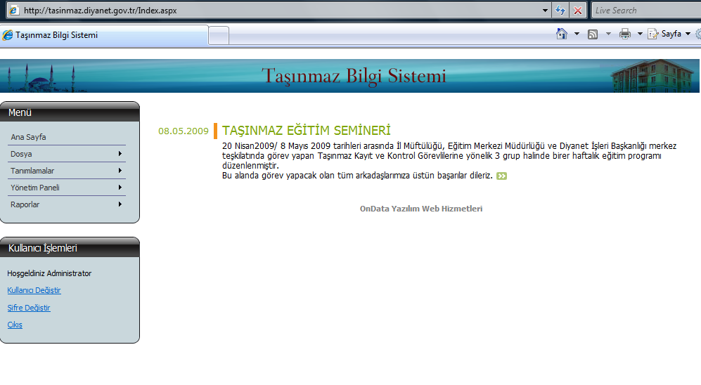 Program başlatılınca giriş sayfasında Menü, Kullanıcı Bilgileri ile duyurular karşımıza gelecektir. TAŞINMAZ KAYDI Dosya Bölümünde Taşınmaz Listesi ve Yeni Taşınmaz Girişi kısımları yer alır.