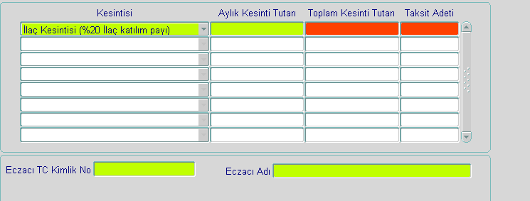 İLAÇ KESİNTİSİ (%20 İLAÇ KATILIM PAYI): Maaşdan yapılacak %20 ilaç kesintileri formuna, kurum kodu yazıldığında SGK sisteminden gelen ilaç ve eczane