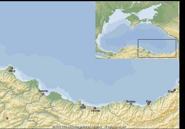 17 3. MATERYAL ve METOD 3.1. Materyal 3.1.1. Araştırma Sahası Bu çalışma; 1998/1999, 1999/2 ve 2/21 pelajik av dönemlerinde, Doğu Karadeniz de SinopHopa arasındaki sublittoral bölgede, kıyıdan itibaren en fazla 5.