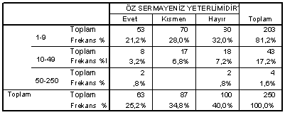 edilmiştir. 50-250 arasında işçi çalıştıran 4 tane işletmeni ise 2 tanesinde (%0,8) öz sermayenin yeterli olduğu, geriye kalan 2 tanesinde ise (%0,8) yetersiz olduğu görülmüştür (Tablo:4.14). Tablo 4.