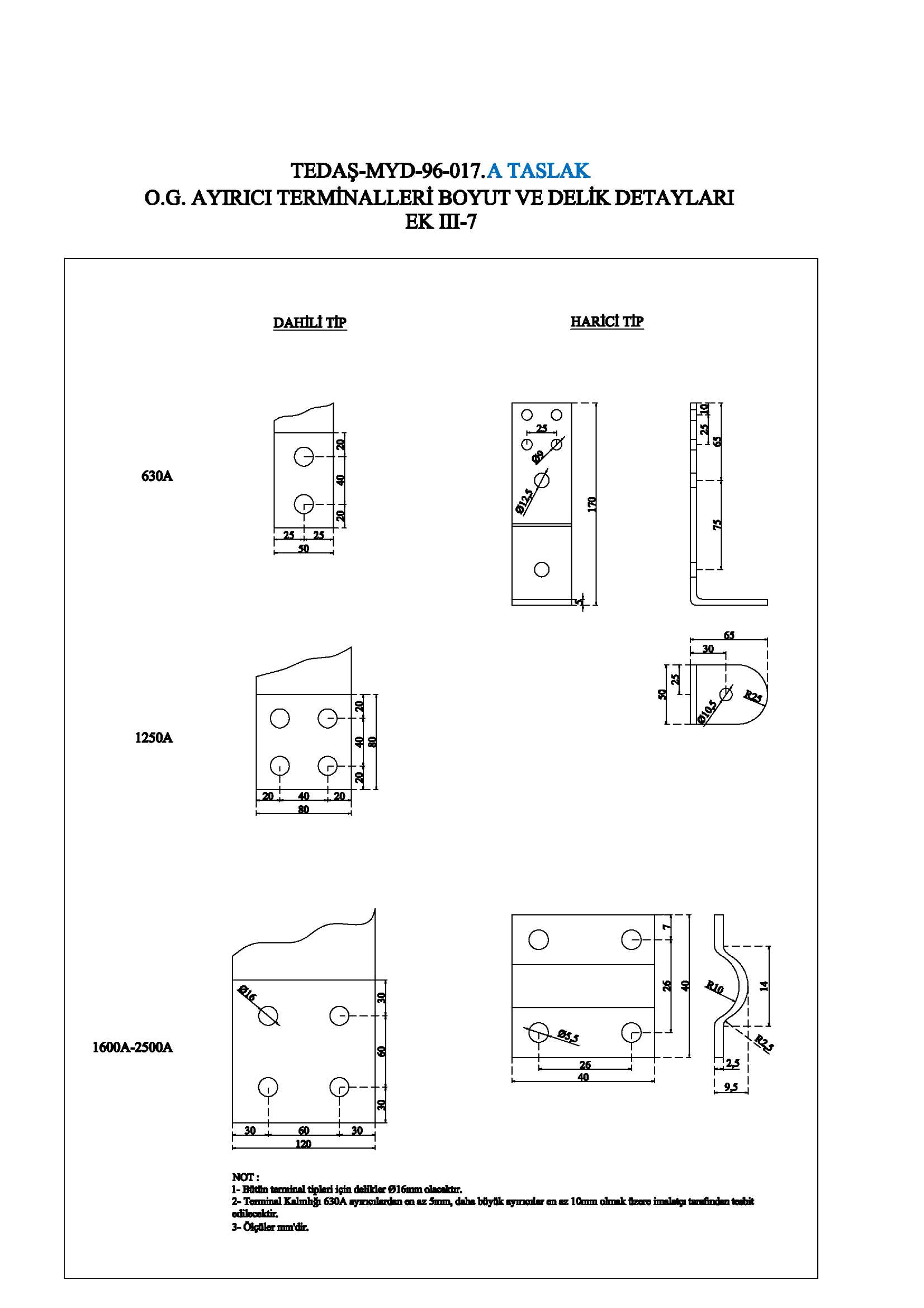 O.G. AYIRICI TERMİNALLERİ BOYUT VE DELİK DETAYLARI EKHI-7 DAHİLİ TİP HARİCİ TİP O O 630A o 1250A o o--' 9 9-, 20İ 40 20 O o- 1600A-2500A _2fi 4Q_ (r)- NOT: 1- pfth^ı