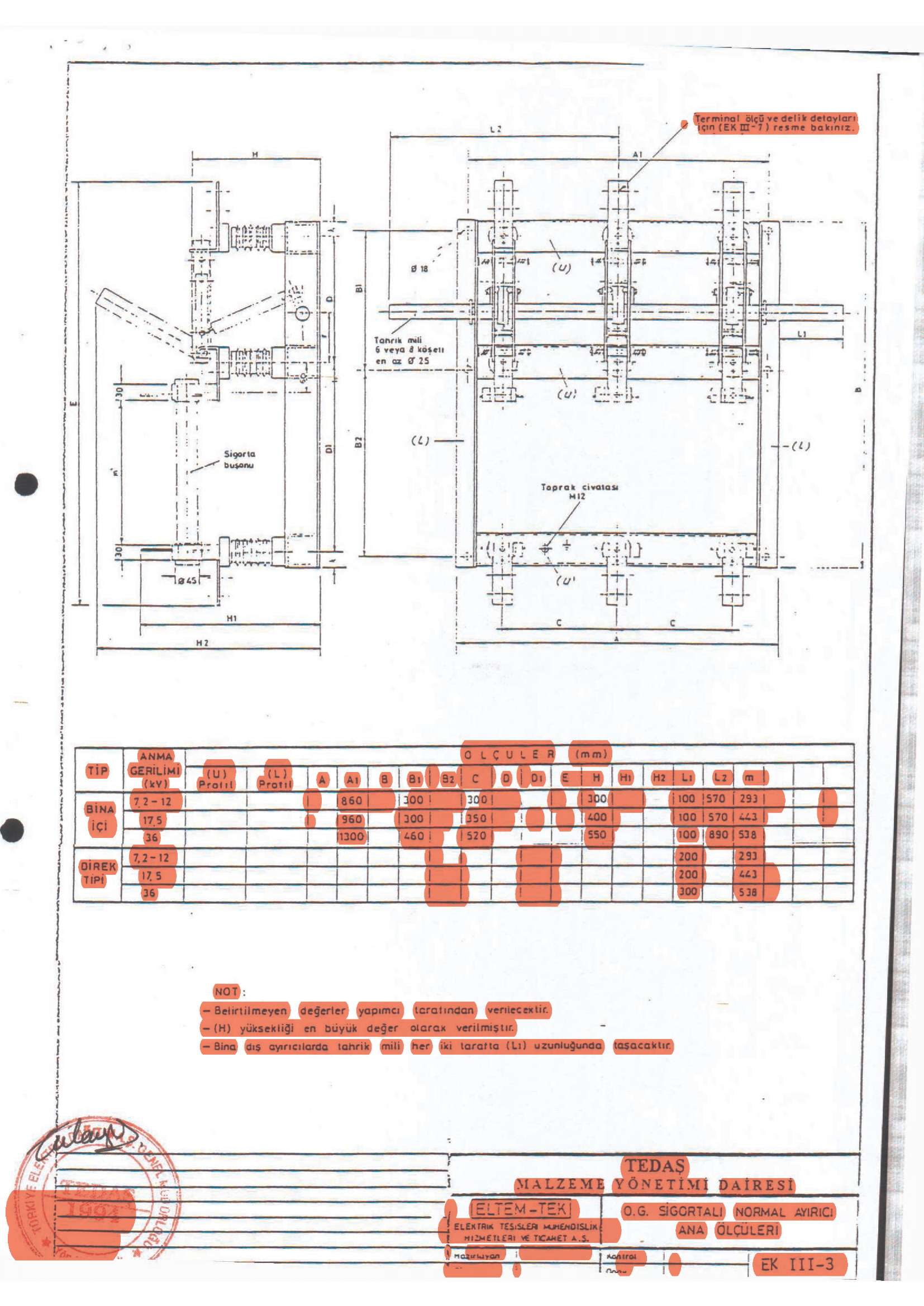 Terminal ölçü ve delik detayları için (EK m-7 I feime bakınn. TİP (mm) ANMA i GERİLİMİ {kv) piani i PrnMl 1 9'l C İ 0 i 01 I i f i» 7! - 1J I 1860 17 5 I I 960 I : 300! 3C0 [300 350 i : 00 36 11300.