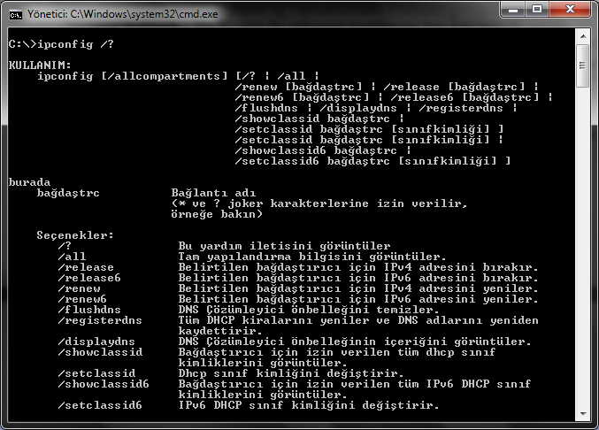 Parametre /all /release /release6 /renew /renew6 /flushdns /registerdns /displaydns /showclassid /setclassid /showclassid6 /setclassid6 Resim 2.