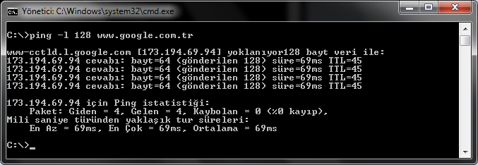 Örnek 3:Ping l128 site adresi komutu ile site adresine boyutu 128 bayt olan yankı isteği gönderilmiştir. Resim 2.