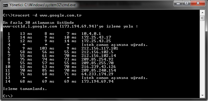 Örnek 2:Tracert d site adresi komutu ile site adresine giden paketlerin izlediği yolu görüntülüyoruz ancak burada d