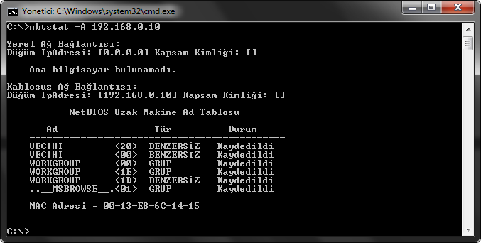 Örnek 3: Nbtstat A 192.168.0.10 komutu IP adresi 192.169.0.10 olan bilgisayara ait ad tablosu görüntülenmektedir.