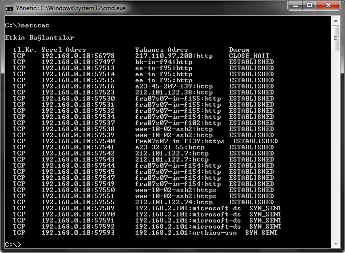 2.1.6. Netstat (Net Statistics Ağ İstatistikleri) Komutu Netstat komutu genel anlamda bilgisayardaki tüm etkin TCP/IP bağlantılarını gösterir.