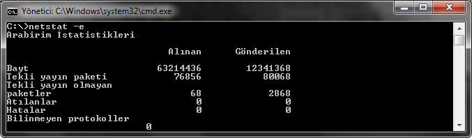 Örnek 2:Netstat e komutu ile Ethernet istatistikleri