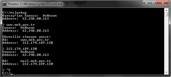 Tablo 2.15: Set type ve setquerytype parametresinin seçenekleri Örnek 1:Öncelikle nslookup diyerek komut satırına geçiyoruz.