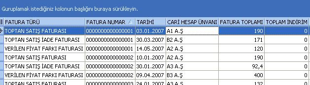CARİ HESAP ÜNVANI kolonu taşınmadan önceki durumu CARİ HESAP ÜNVANI kolonu taşındıktan sonraki durumu Sıralama özelliği: Bu özellik sıralama yapılacak kolon üzerine tıklanarak aktif edilir.
