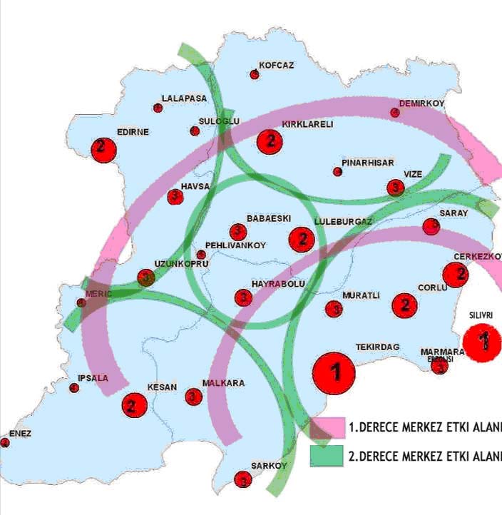 Tablo 1.10. Trakya Alt Bölgesi 2023 İl ve İlçe Nüfusları ve Hizmet Sektörü Çalışan Sayısı Oranları Hizmet Hizmet İl-İlçe Kademe Nüfus İl-İlçe Kademe Nüfus (%) (%) Tekırdag 67 1 286.250 Vıze 26 3 35.