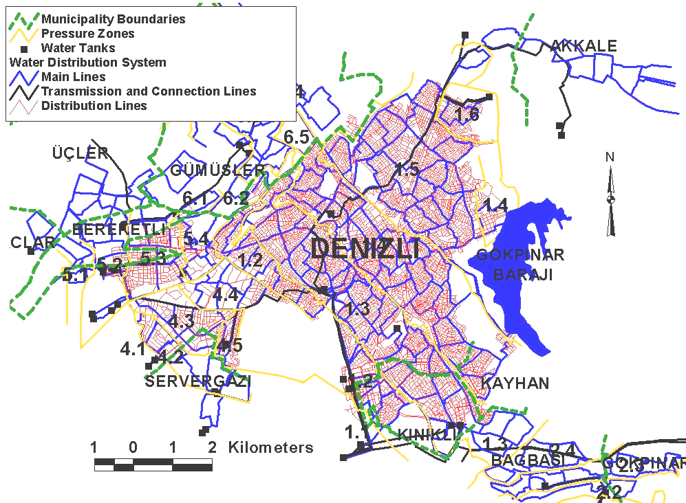 Ana hatlar, iletim ve bağlantı hatları bütün Denizli şehir merkezi için, tali borular ise Denizli ve Kınıklı belediyesine ait alanlar için gösterilmiştir.