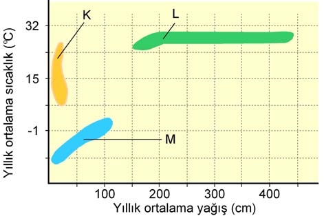 4. Dört bitki, bilim insanları tarafından, 5. Aşağıdaki grafikte; K, L ve M olarak adlandırılan üç farklı biyomun yayılış alanları verilmiştir. I. Pinus nigra, II. Morus nigra, III. Pinus alba, IV.