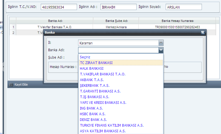 banka şubesinin ili seçilir.