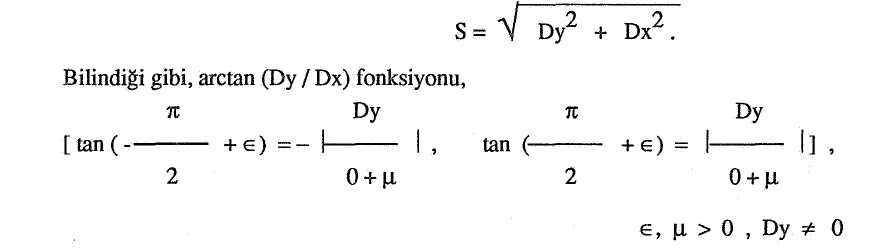 46 Bölge sorununu bir satırda, aynı bir deyim içinde sgn (x) fonksiyonu yardımıyla çözen sırasıyla /2/, /10/, /l/de şu formüller verilmiştir: t = arctan(dy/dx) + K - [ (sgn (Dx) + 1) sgn (Dy) ] n/2