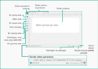 Etiket Seçme Alanı Etiket seçme alanı mevcut etiket kategorilerini listeler, favoriler en son bastırdığınız beş etiketi veya kaydedilen şablonu saklar.