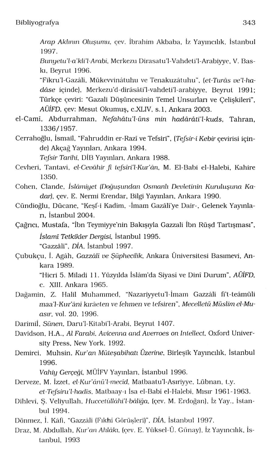 Bibliyografya 343 Arap Aklının Oluşumu, çev. İbrahim Akbaba. İz Yayıncılık. İstanbul 1997. Bunyetu'l-a'kli'iAmbi. Merkezu Dirasatul-Vahdetfl-Arabiyye, V. Baskı. Beyrul 1996. "Fikru'l-Gazâlî.