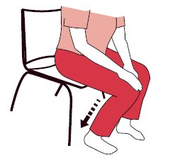 Sol topuğunuz ve baldırınızda bir germe hissedin. En az 10 saniye boyunca tutun. Diğer bacağınız için tekrarlayın. VEYA 6b. Bir sandalyenin köşesinde oturun.