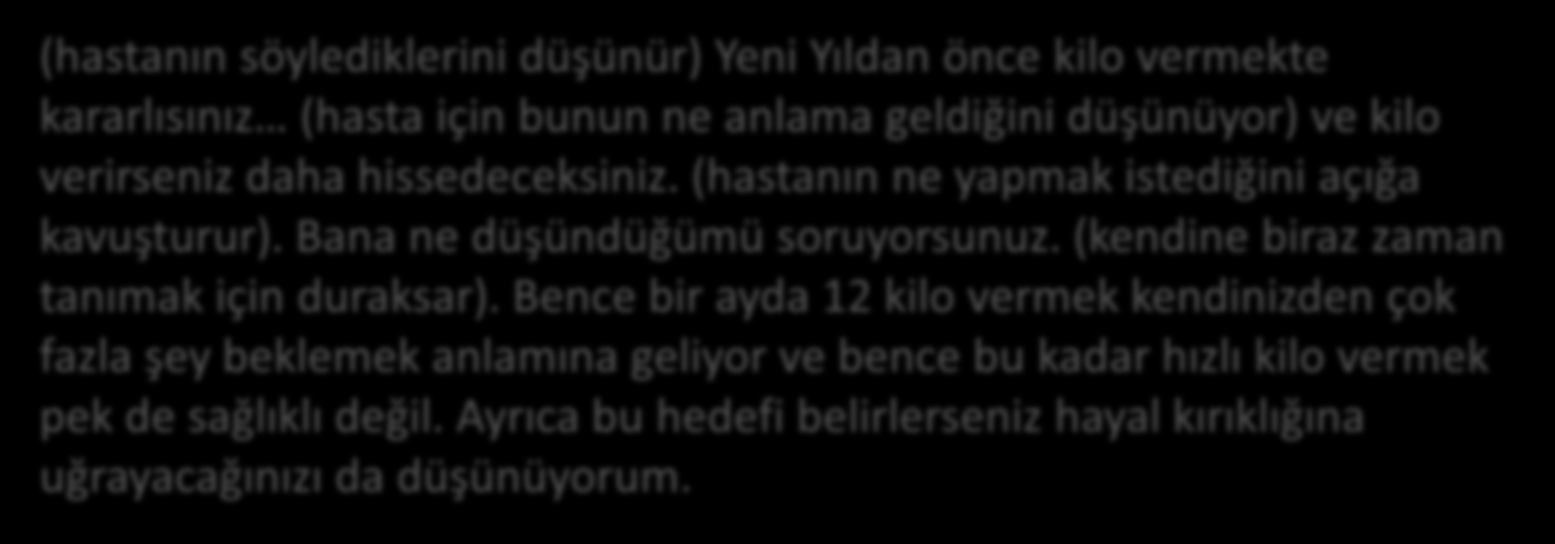 (hastanın söylediklerini düşünür) Yeni Yıldan önce kilo vermekte kararlısınız (hasta için bunun ne anlama geldiğini düşünüyor) ve kilo verirseniz daha hissedeceksiniz.